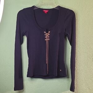Guess Women's Navy Long Sleeve Top with Gold Accents